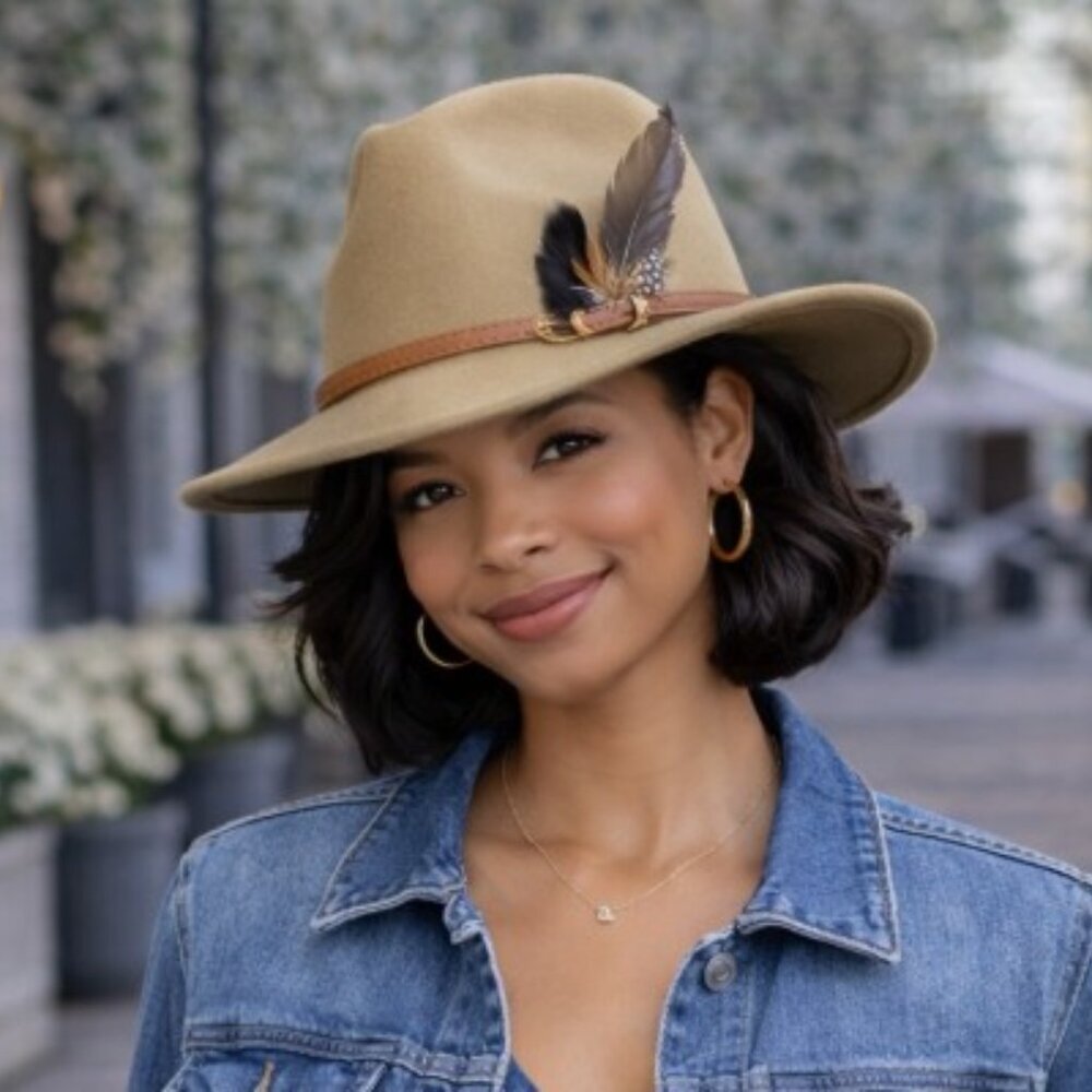 Tan Women's Felt Fedora Western Cowboy Hat Brown Belt Feather Accent